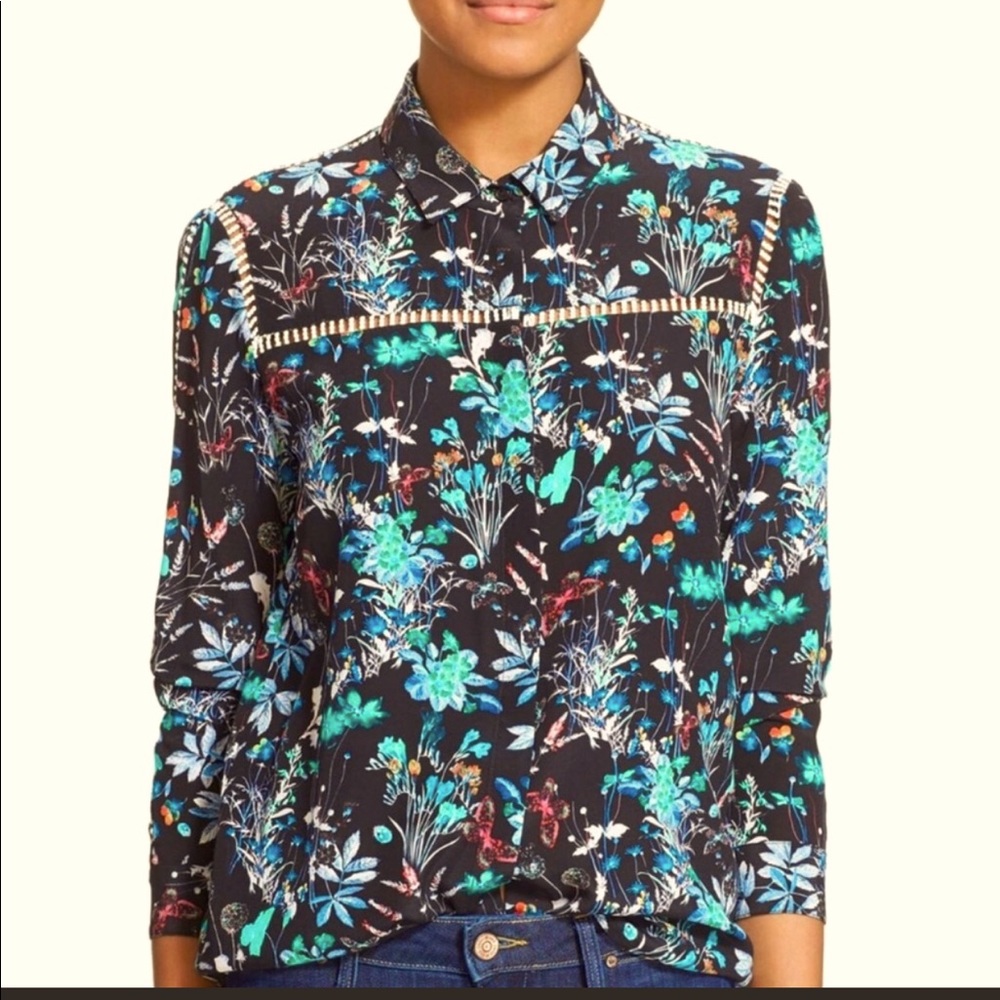 The Kooples Floral Print Botanical Garden Silk Long Sleeve Button Down SZ XS